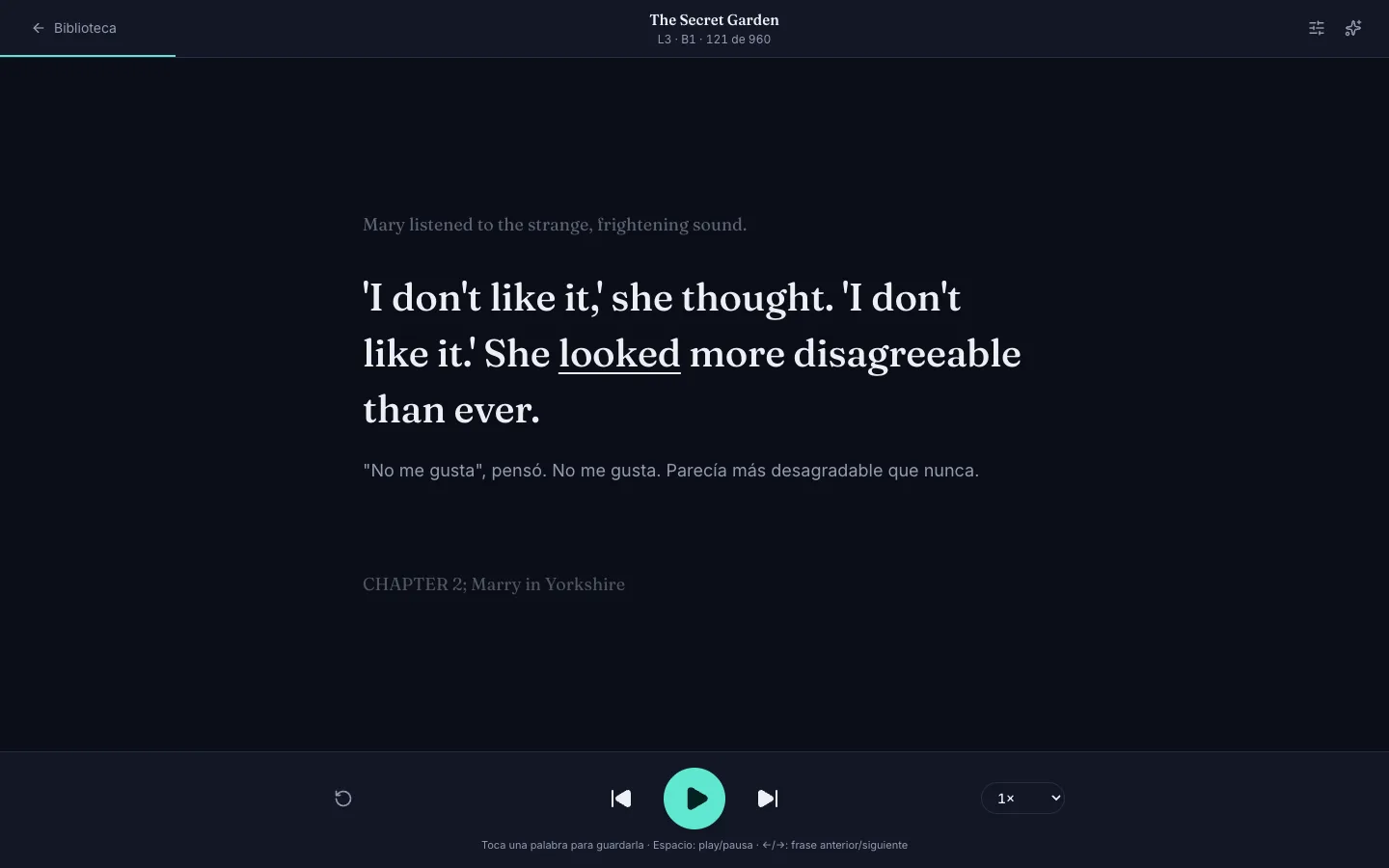 El lector de SpeakAlong mostrando una frase con su traducción